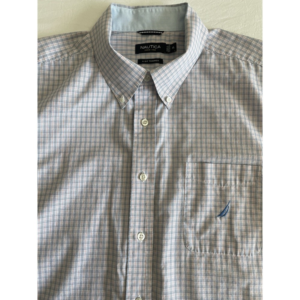 Nautica Men's XL Button Down Shirt "A Bit Trimmer" Blue And Orange Plaid Cotton